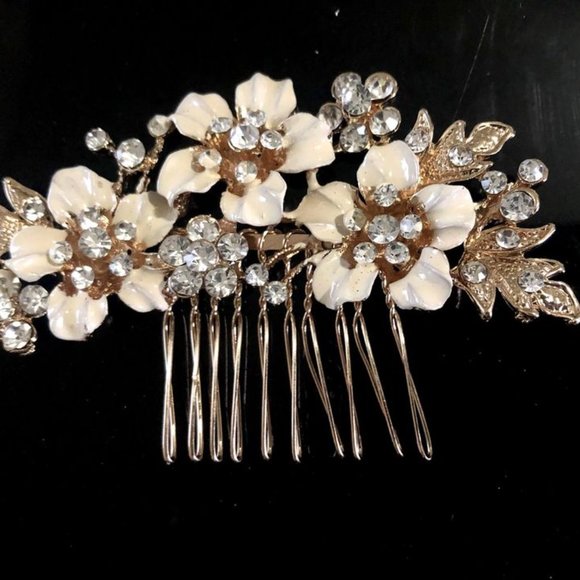 Accessories - Beige Metal Flower Rhinestone Gold Tone Hair Comb